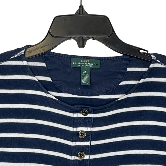 LRL Lauren‎ Jeans Co. Striped Henley Top Women Medium 3/4 Sleeve Front Button - Picture 2 of 9